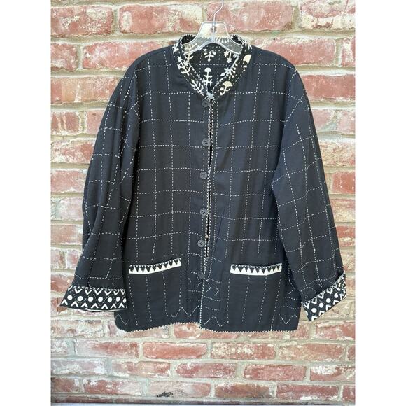 Sam Hilu Art to Wear‎ Jacket Reversible Tribal Button Up Women’s XL Black Cream - Picture 9 of 14